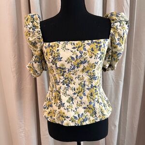 Lovers + Friends Square Neck Puff Sleeve Floral Top in White, Blue & Yellow